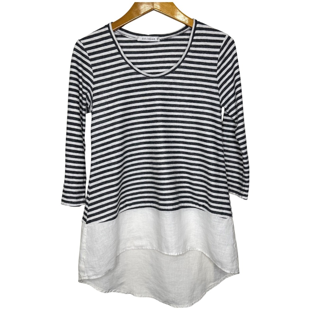 cut loose Striped Tunic XS Linen‎ Black/White
